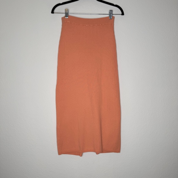 Free People Ribbed Midi Skirt Peach Cotton Blend Front Slit Casual Size L NWT - Picture 4 of 7